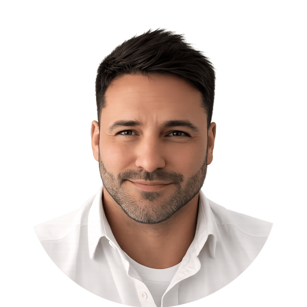 T.J. Moschetti with short dark hair and a trimmed beard, wearing a white collared shirt, smiling softly against a plain light background.